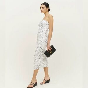 REFORMATION - Like New - White Dress Black Polka Dot - Ruched Dress